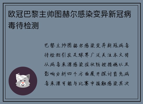 欧冠巴黎主帅图赫尔感染变异新冠病毒待检测